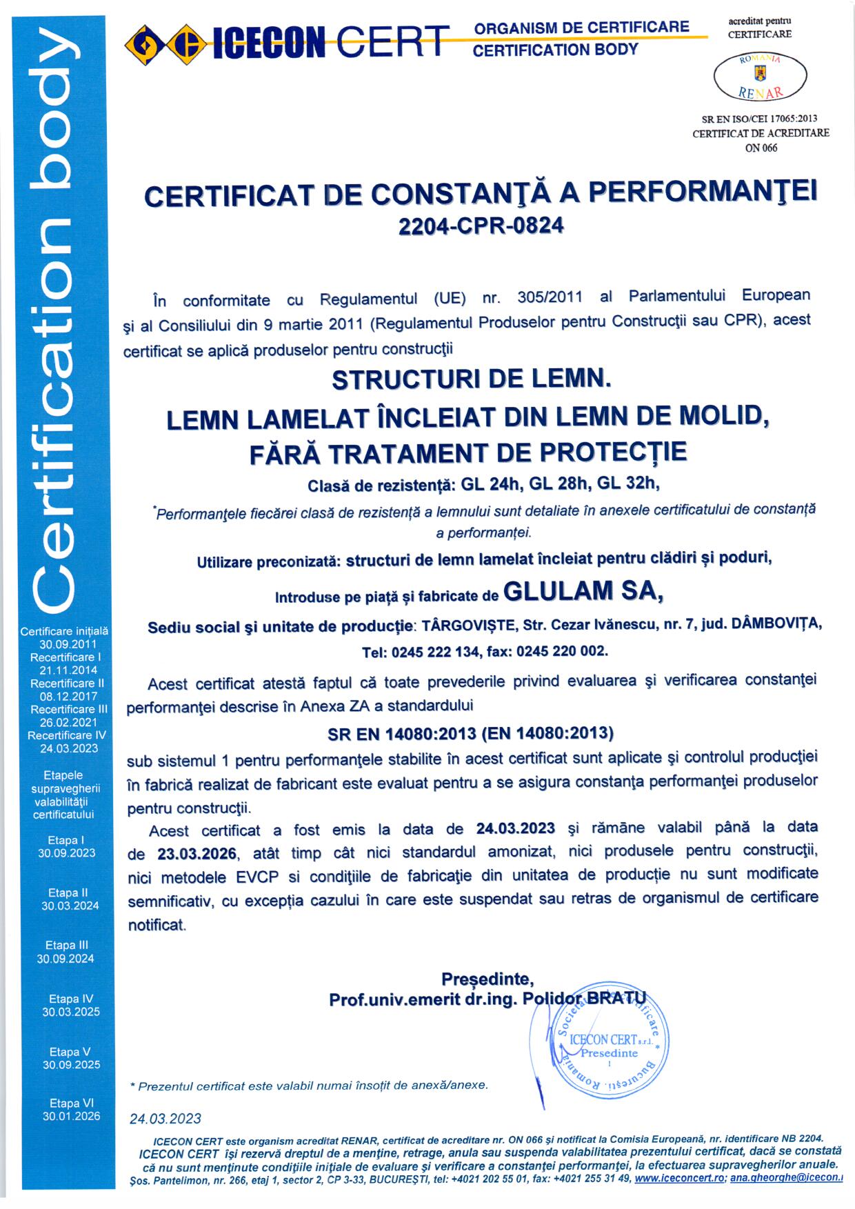 GLULAM Certificat constanta performanta 2023 - Lemn Lamelat Incleiat GL24h GL28h GL32h 1