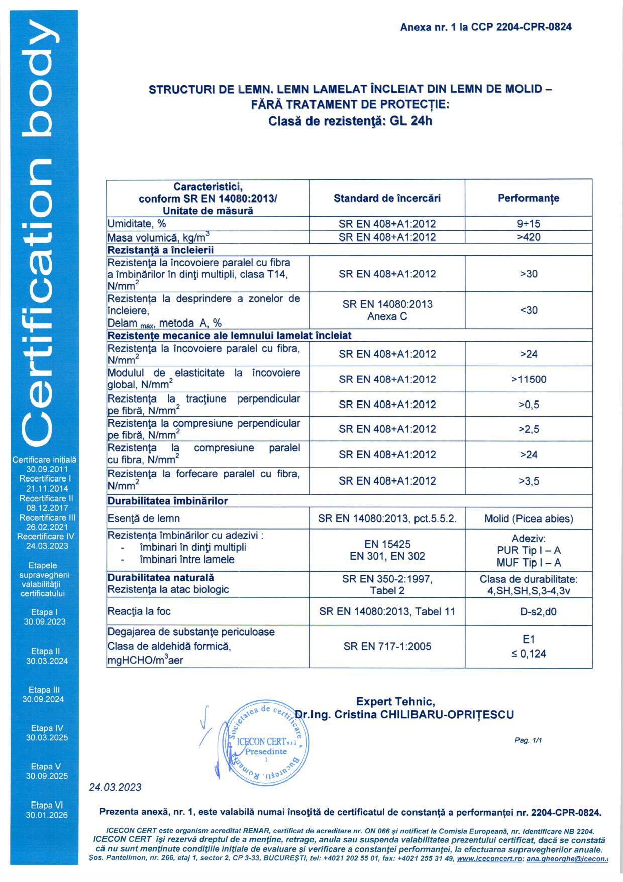 GLULAM Certificat constanta performanta 2023 - Lemn Lamelat Incleiat GL24h GL28h GL32h 2