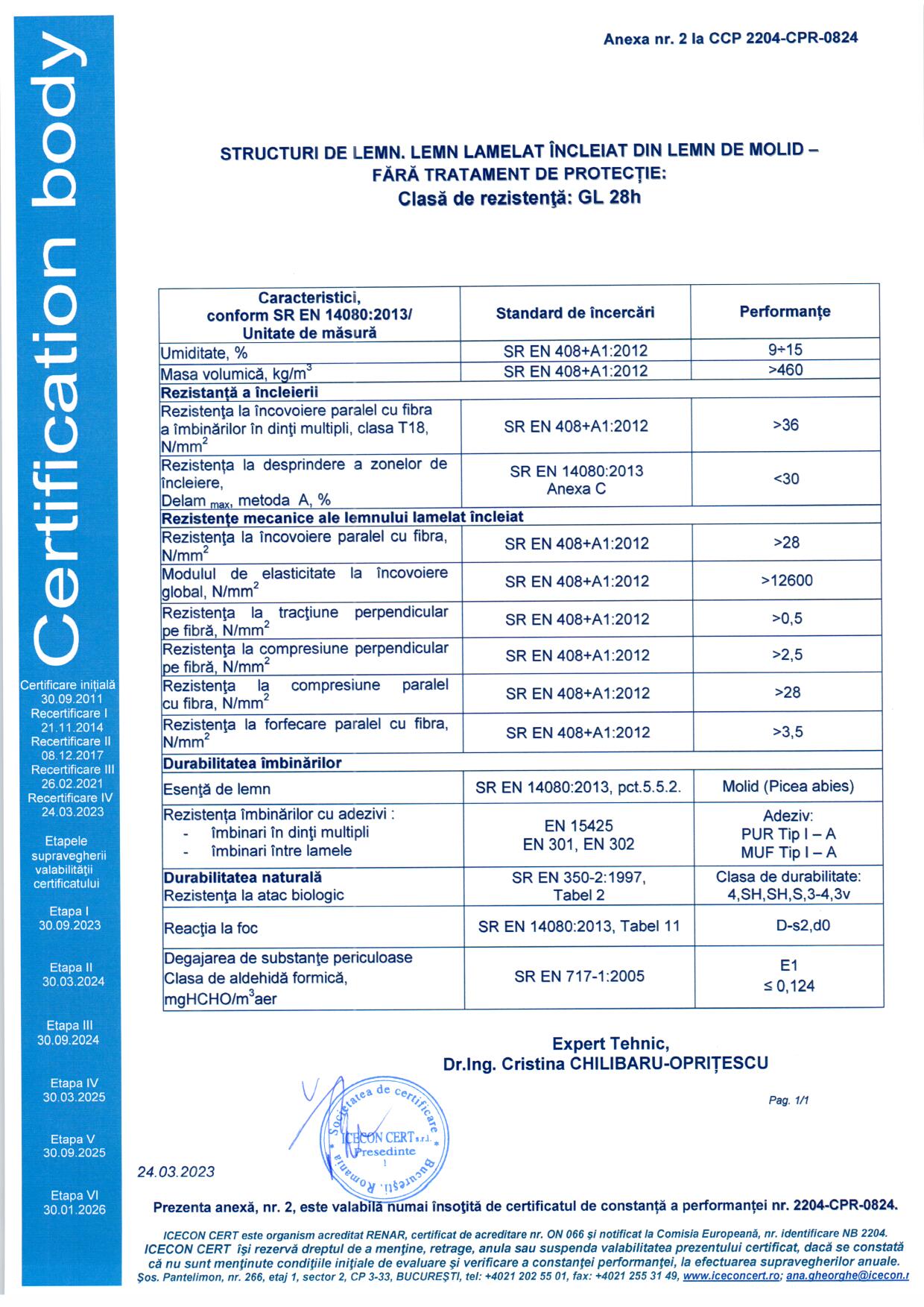 GLULAM Certificat constanta performanta 2023 - Lemn Lamelat Incleiat GL24h GL28h GL32h 3