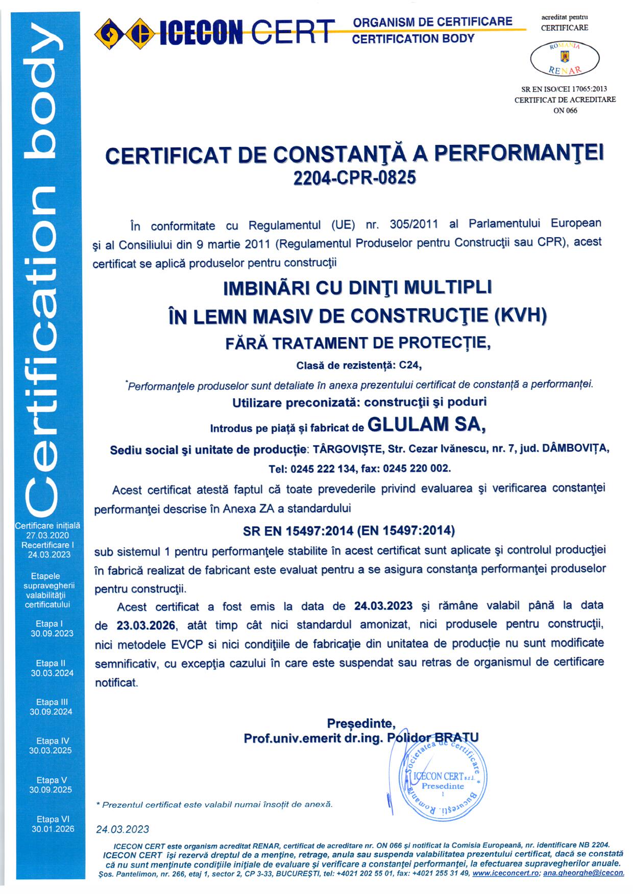 GLULAM Certificat constanta performanta 2023 - Lemn masiv constructii KVH C24 1