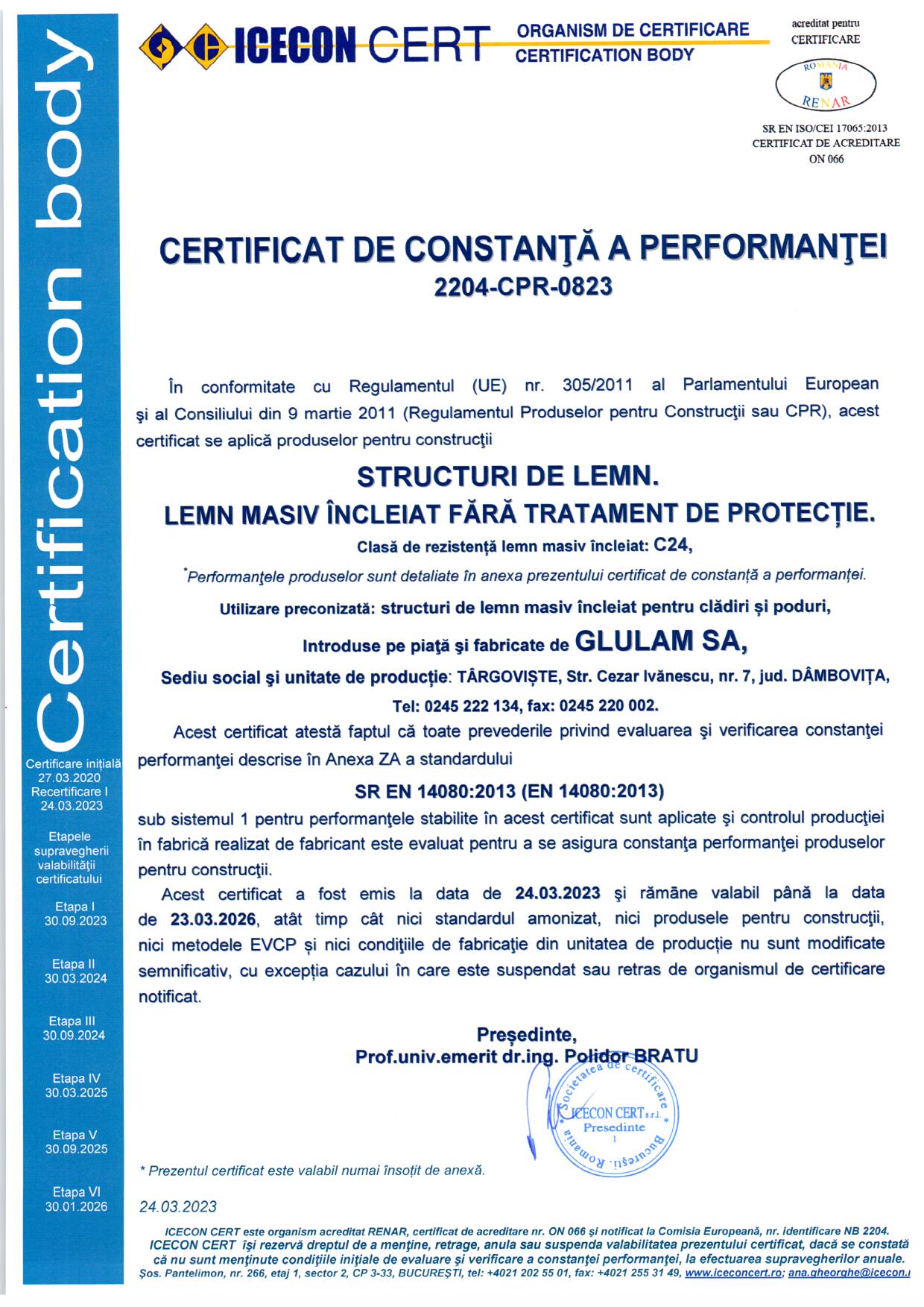GLULAM Certificat constanta performanta 2023 - Lemn masiv incleiat C24 1