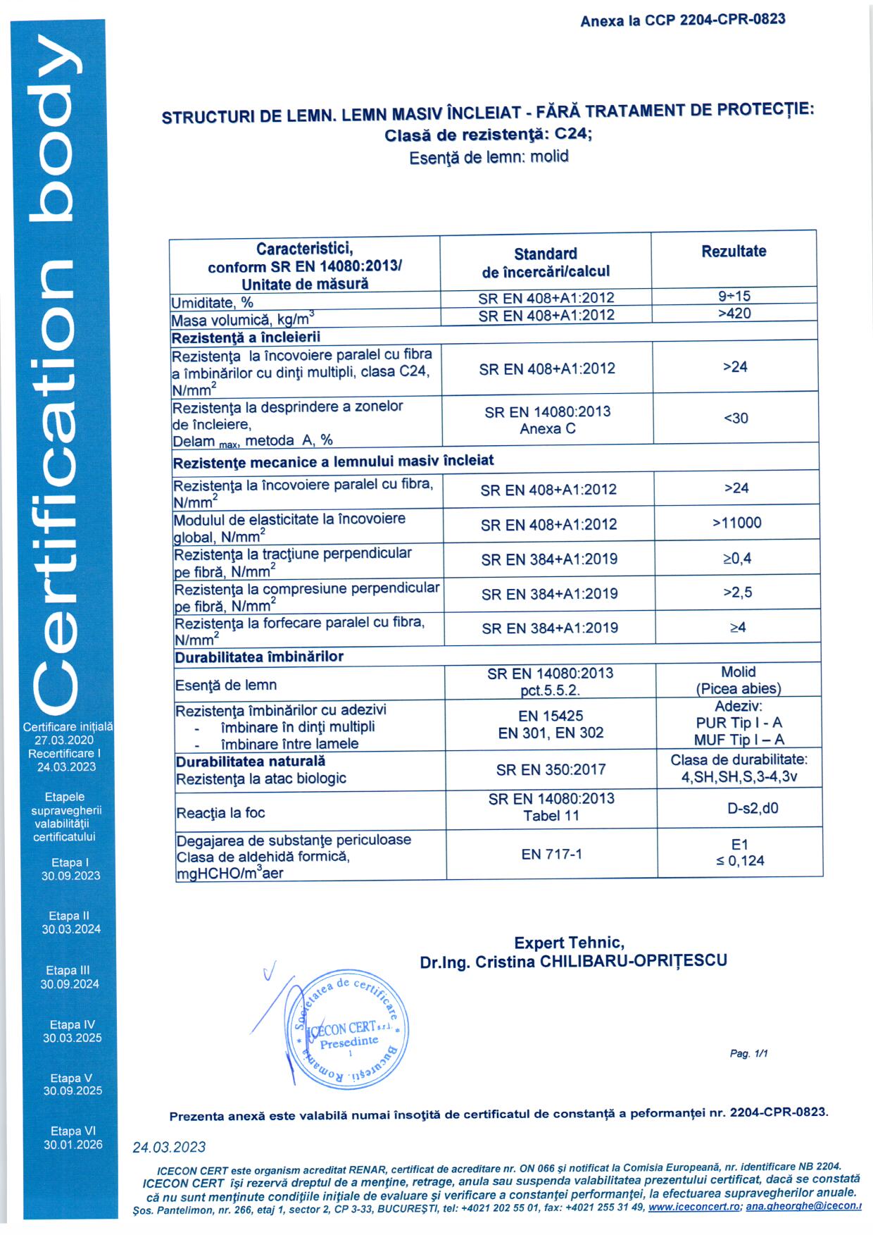 GLULAM Certificat constanta performanta 2023 - Lemn masiv incleiat C24 2